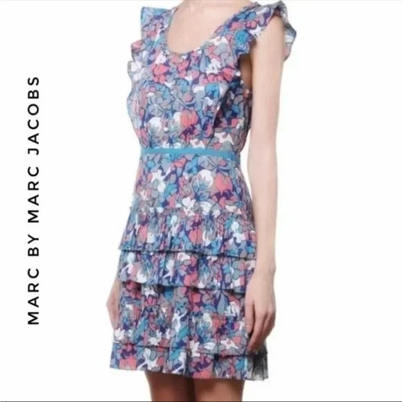 MARC by MARC JACOBS Y2K 100% Cotton Floral Ruffle Tiered Tie Back Mini Dress 6 - Picture 1 of 9
